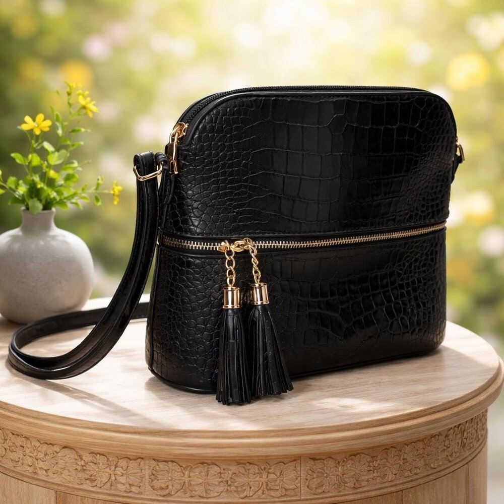 Black Croc-Embossed Crossbody Bag with Tassel & Gold Hardware 🖤👜